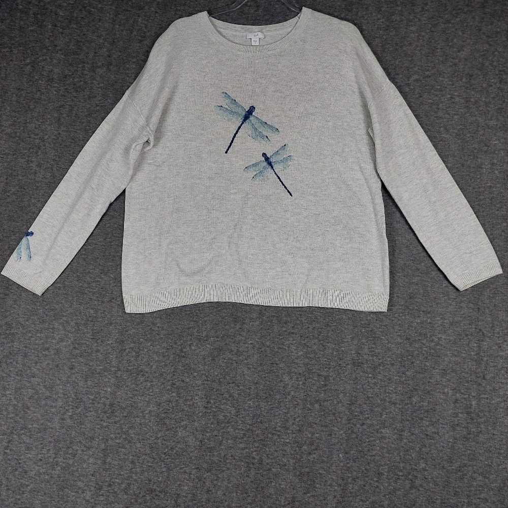 J. JILL WOMENS HEATHERED GRAY GRAPHIC DRAGON FLY LONG SLEEVE SWEATER SIZE M